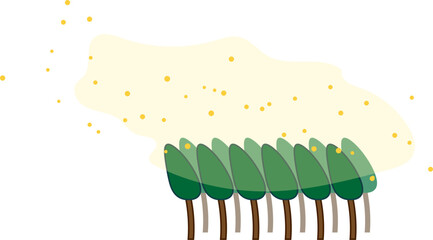強風で花粉を飛ばす杉の林のかわいいイラスト