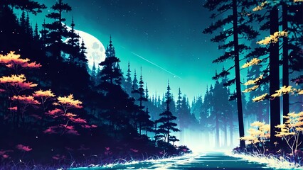 beautiful wallpaper of a forest with beautiful trees and lake in anime style. generated with ai