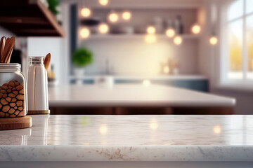Marble Kitchen Counter Top Side view, Interior Decor, product placement, bokeh lights, selective focus 