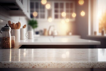 Fototapeta na wymiar Marble Kitchen Counter Top Side view, Interior Decor, product placement, bokeh lights, selective focus 