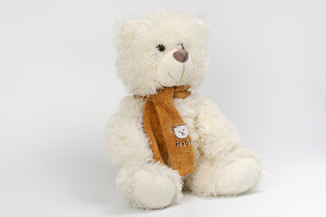Cute white Teddy bear with a brown scarf on a white background. Plush toys for kids.