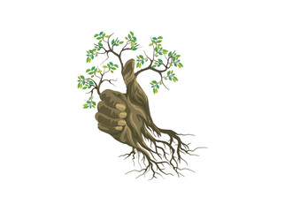 bonsai tree with eco friendly thumbs up sign vector design. old tree with Green leaf and roots.