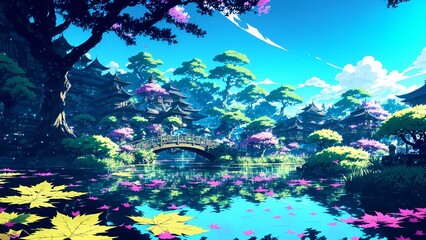 Fototapeta na wymiar beautiful wallpaper of a forest with beautiful trees and river in anime style. generated with ai