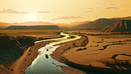 Sunset over the desert and river