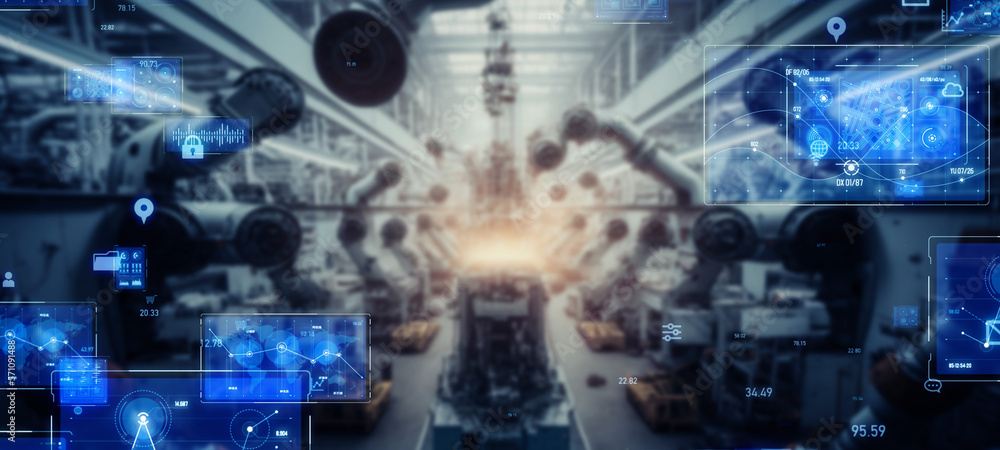 Aufkleber futuristic automobile factory and digital control system concept. industrial internet of things. iio