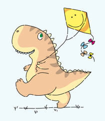 Cute smiling dinosaur playing with yellow kite