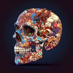 Pixel art the anatomy of a zoombie head made of junk food, an ultrafine detailed painting skull head 