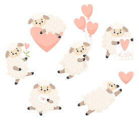 Collection cute in love sheep with hearts, love letter and balloons. Vector illustration. Isolated cartoon romantic farm animals for kids collection, design, decor, holiday cards and valentines.