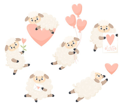 Collection cute in love sheep with hearts, love letter and balloons. Vector illustration. Isolated cartoon romantic farm animals for kids collection, design, decor, holiday cards and valentines.