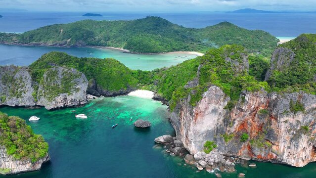 Amazing Lagoon on Koh Phi Phi island, Thailand, turquoise ocean at Nui beach in Thailand, Phuket tropical resort, luxury vacation in Thailand