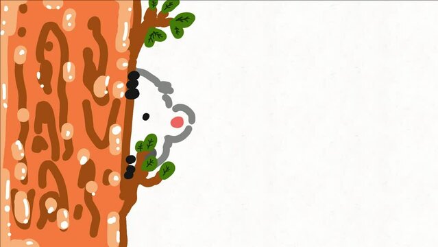 Cute koala cartoon animation behind a tree