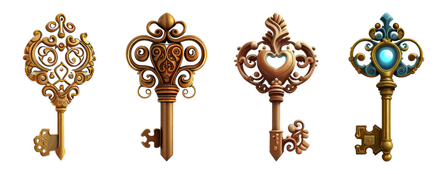 Golden fairy cartoon key set. Illustration of cartoon golden skeleton key for treasure chest or ui game resources. Various key shapes on a white background. Vector illustration
