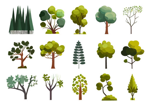 Cartoon collection of trees of different types isolated on white background. Themes of nature, ecology or healthy lifestyle. Vector set for game interface, fairy tales, literature. Flat style. Natural