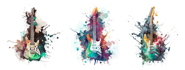 Colorful guitar in a watercolor style isolated on a white background. Electric guitar. Musical instrument. Watercolor guitar illustration. Ideal for postcard, advertisement, book, poster, banner - obrazy, fototapety, plakaty