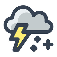 Snow with thunder and cloud in gray and yellow filled color icon. Snowstorm, Snowflakes, snowfall, cloud, cold, season, weather, forecast, warning, danger, disaster