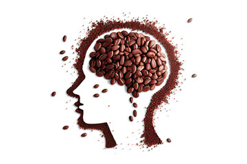 A flat profile icon illustration of a head with a brain made of coffee beans, symbolizing caffeine addiction and the intense connection between coffee and a person's thoughts and habits