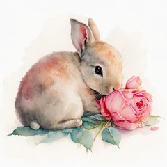 pink watercolor painting of small bunny rabbit with Generative AI