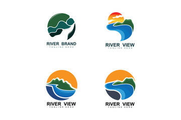 River Logo Design, River Creek Vector, Riverside Illustration With A Combination Of Mountains And Nature, Product Brand