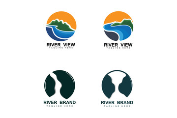 River Logo Design, River Creek Vector, Riverside Illustration With A Combination Of Mountains And Nature, Product Brand