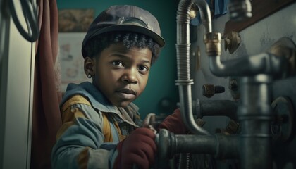 Fototapeta na wymiar Empowering Children in the Workplace: Celebrating Diversity, Equity, and Inclusion (DEI) in the Industry with African American boy as a Plumber (black) (generative AI)