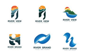 River Logo Design, River Creek Vector, Riverside Illustration With A Combination Of Mountains And Nature, Product Brand