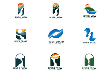 River Logo Design, River Creek Vector, Riverside Illustration With A Combination Of Mountains And Nature, Product Brand
