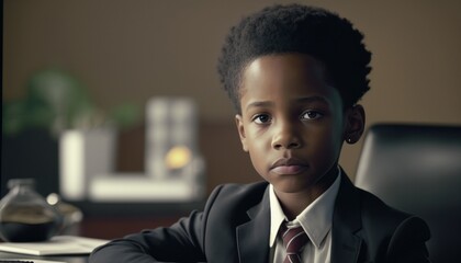 Empowering Children in the Workplace: Celebrating Diversity, Equity, and Inclusion (DEI) in the Industry with African American boy as a Secretary (black) (generative AI)