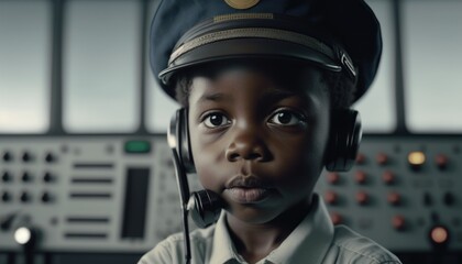 Empowering Children in the Workplace: Celebrating Diversity, Equity, and Inclusion (DEI) in the Industry with African American boy as a Air traffic controller (black) (generative AI)