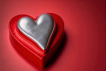 valentines day , silver heart on solid red background with Generative AI