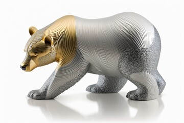 AI-generated illustration of a sculpture of a bear, made of precious metals. MidJourney.