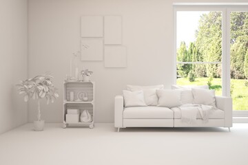 Mock up of stylish room in white color with sofa and green landscape in window. Scandinavian interior design. 3D illustration