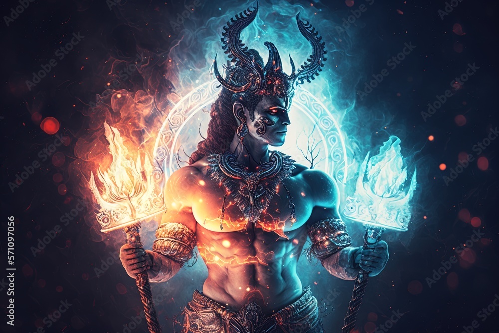 Wall mural generative ai hindu god shiva, colorful indian hindu god shiva hand holding trident. god shiva epic 