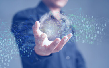 Blockchain technology and blockchain network business banner ideas Global cryptocurrency blockchain title. Blockchain title side view with 0's and 1's flying on top. image of investors