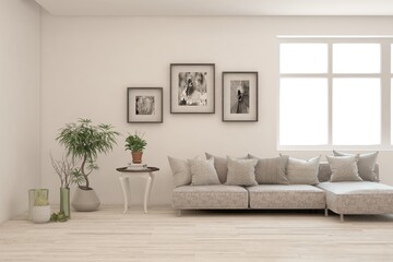 White living room with sofa. Scandinavian interior design. 3D illustration
