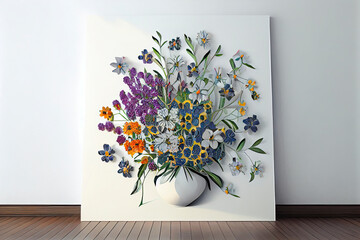 Wall covering depicting a mosaic of simple flowers on a white backdrop. a contemporary bouquet against a white wall