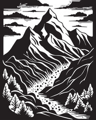 Beautiful linocut art or colouring page of a mountain pass made for print digital art. Doodle pattern for relax and meditation