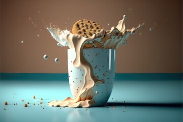 Cookie dropped in milk. brown background