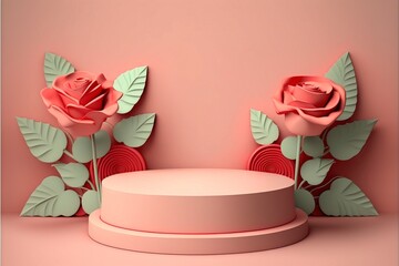 podium display, clean pastel pink background with red rose flowers with Generative AI