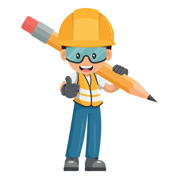 Industrial worker with giant pencil with thumb up. Creative concept for project management. Industrial safety and occupational health at work
