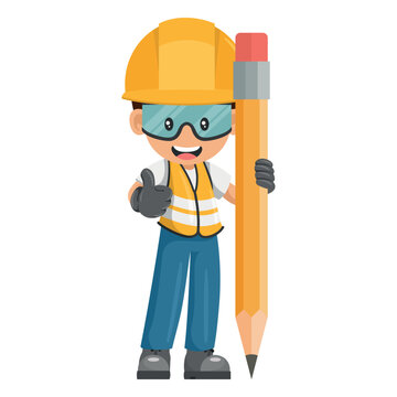 Happy industrial worker with giant pencil showing thumb up. Creative concept for project management. Industrial safety and occupational health at work
