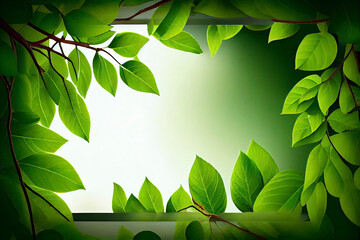 Fresh green tree leaves, frame. Natural background