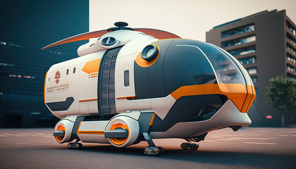 Flying Transportation. Air Ambulance. Future, futuristic. Public Transportation. Sustainable City. Autonomous. Urban Air Mobility. Generative AI.