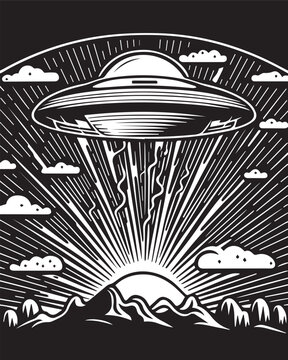 UFO flying above the mountains colouring page or print art frame vector illustration