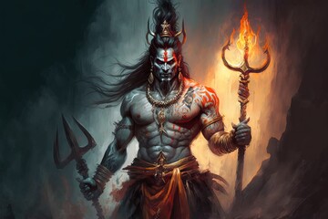 Generative AI Hindu god Shiva, Colorful indian hindu God Shiva hand holding Trident. God Shiva epic pose with trishula, magic in hand for t-shirt print, poster - Hindu religious art.