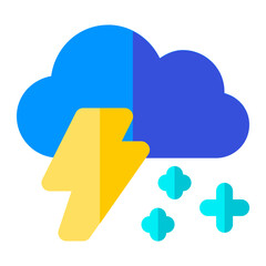 Snow with thunder and cloud in flat icon. Snowstorm, Snowflakes, snowfall, cloud, cold, season, weather, forecast, warning, danger, disaster