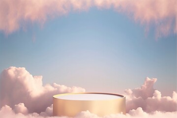 Round golden platform background with cloudy and dreamy sky background with Generative AI