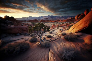 Desert landscape with sunset and mountains