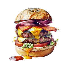 Bacon Cheeseburger, American Breakfast, Food, Watercolor Mockup - Generative AI - obrazy, fototapety, plakaty