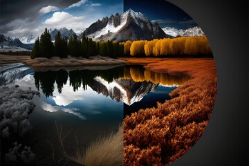 Dual image landscape with mountain trees and lake
