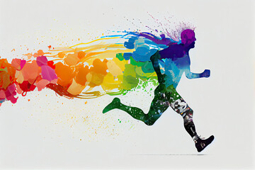 Fototapeta na wymiar runners in colorful rainbow landscape background